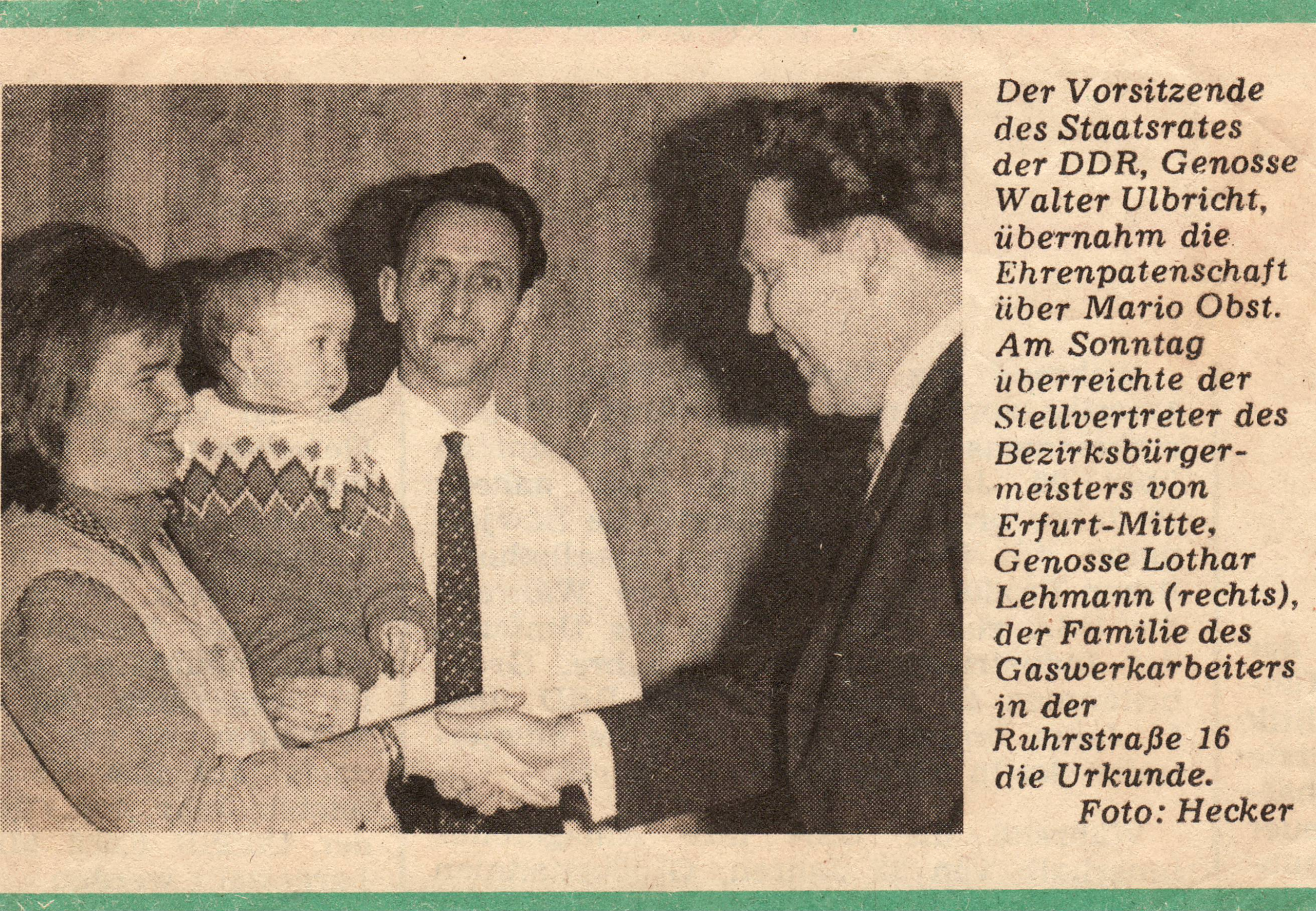 Newspaper report in Das Volk about Walter Ulbricht’s honorary sponsorship of Mario Obst