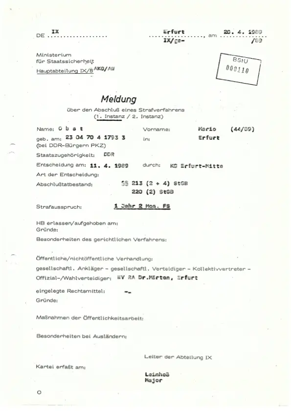 BStU 110: notification of the conclusion of criminal proceedings