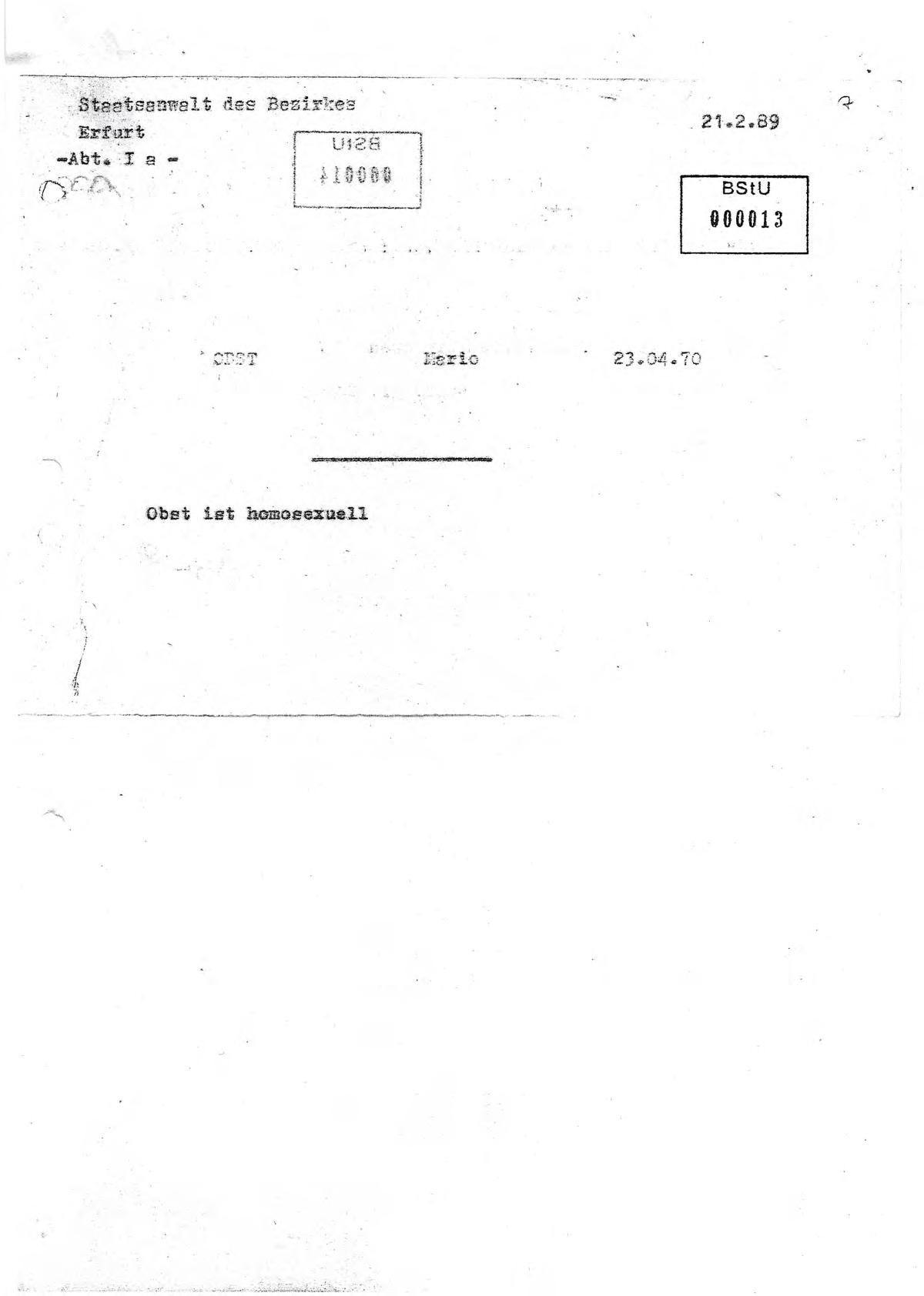 The record stating: Obst is homosexual.