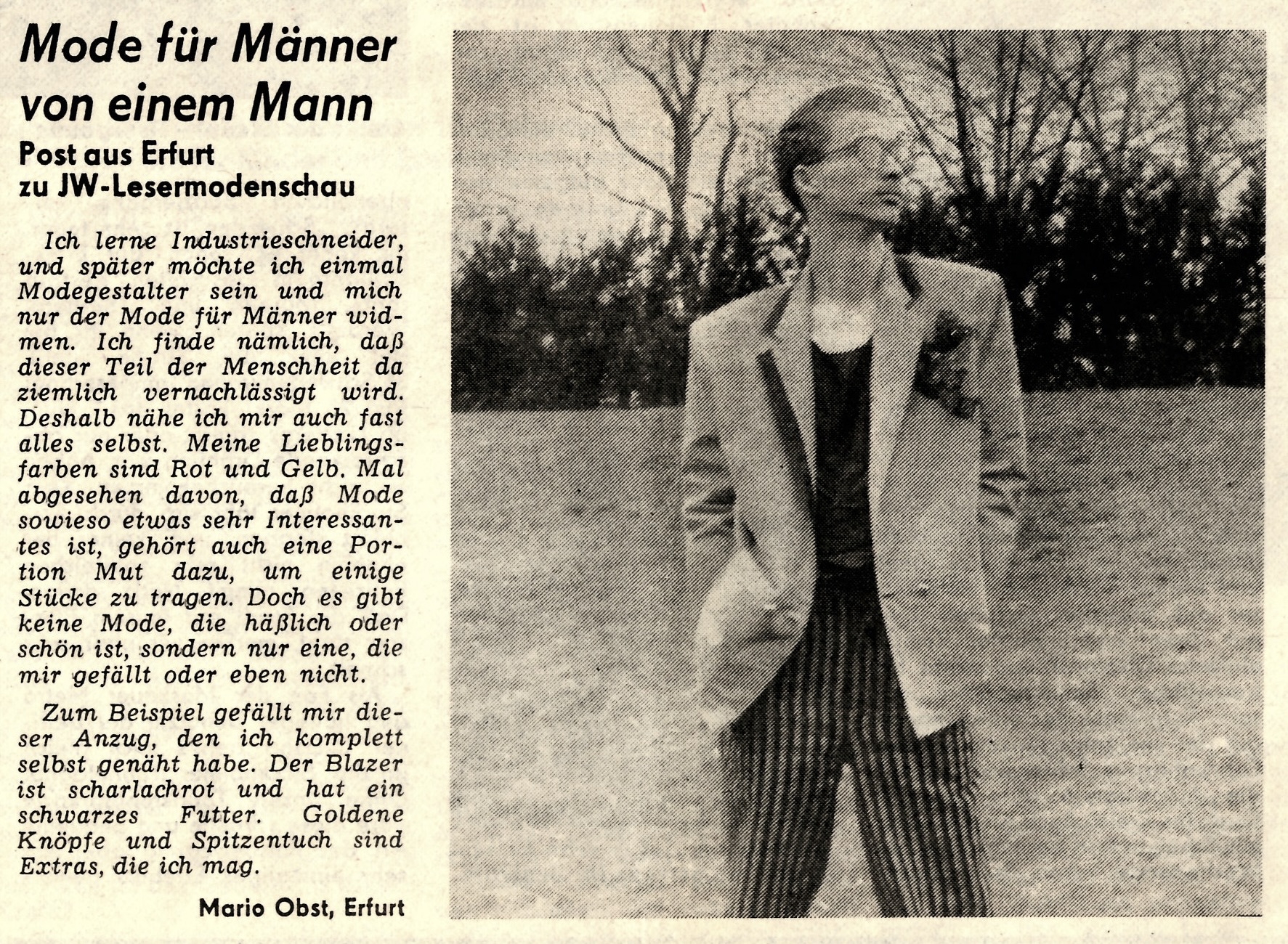 Junge Welt newspaper cutting about Mario Obst’s menswear design, 13 May 1988