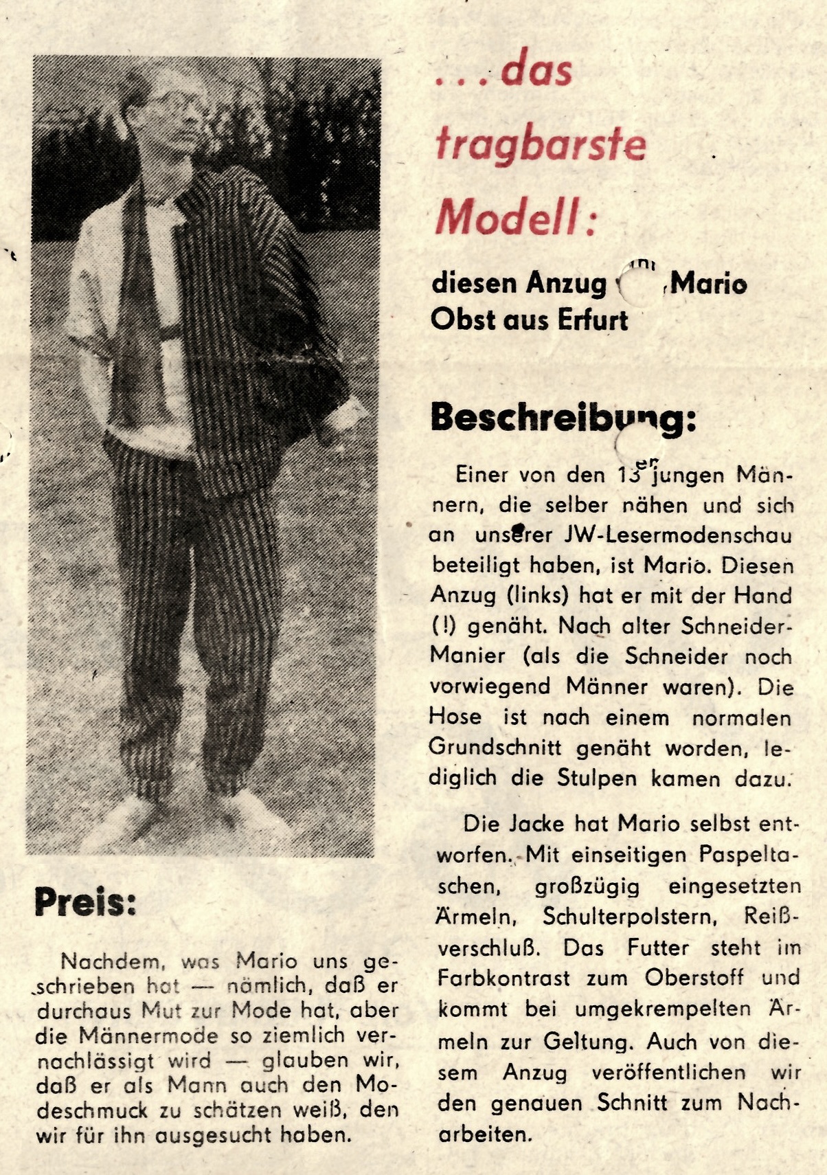 Newspaper cutting about Mario Obst’s prizewinning suit, Junge Welt, 4 November 1988
