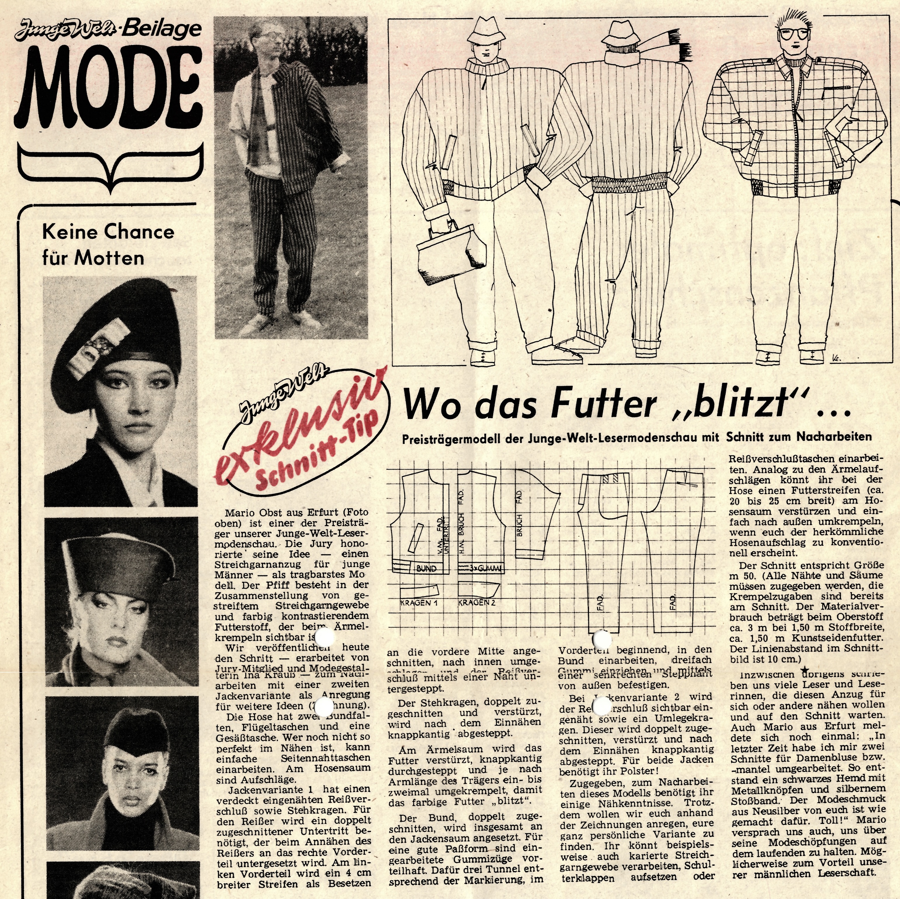 Junge Welt fashion supplement showing Mario Obst’s prizewinning design and sewing pattern, 13 January 1989
