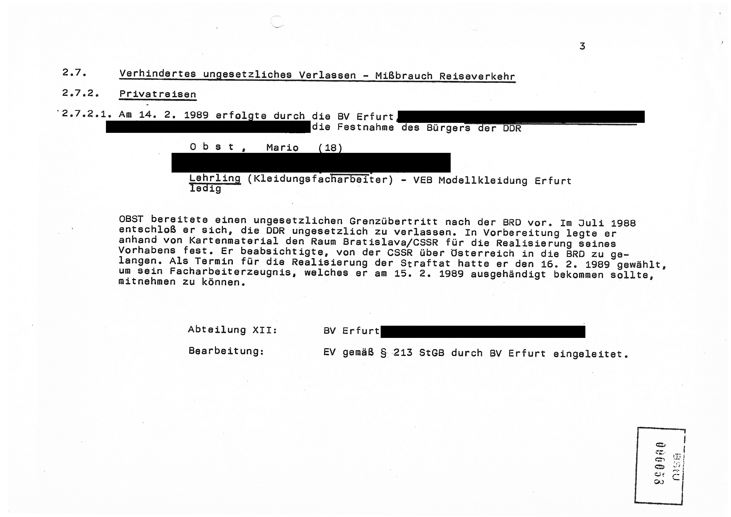 Stasi entry about Mario Obst and his planned journey to West Germany
