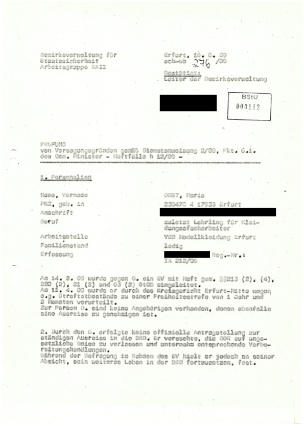 BStU 112 — the start of the review of emigration directly from prison