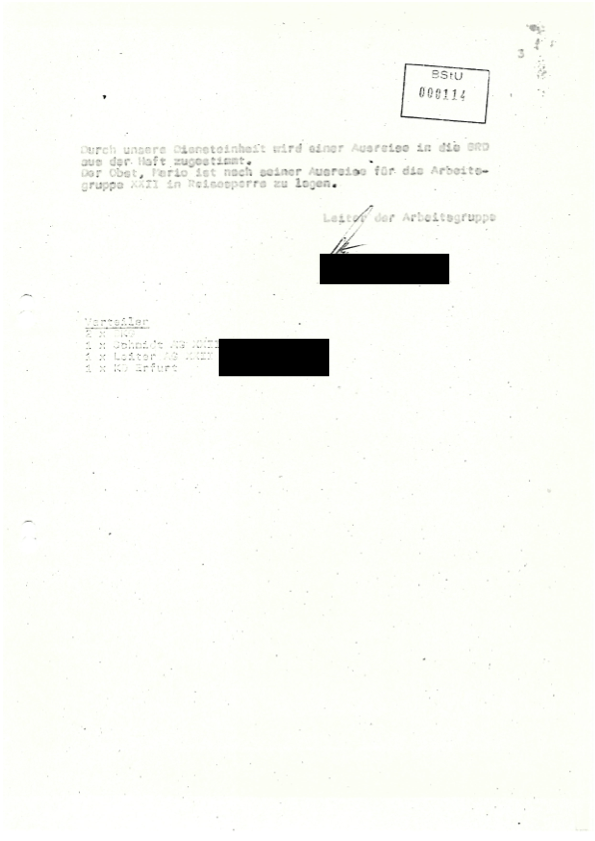BStU 114 — approval of emigration directly from prison